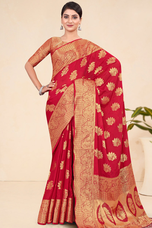 Cherry Red Broad Border Weaved Zari Viscose Saree 