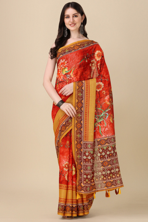 Cherry Red Casual Wear Cotton Printed Lightweight Saree