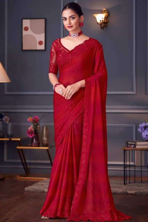Cherry Red Chiffon Embroidered Light Weight Saree