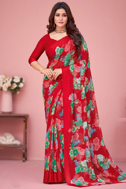 Black and Red Printed Georgette Saree | Fancy sarees, Georgette sarees,  Indian beauty saree