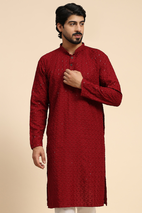 Cherry Red Chikankari Cotton Embroidered Men's Kurta For Sangeet