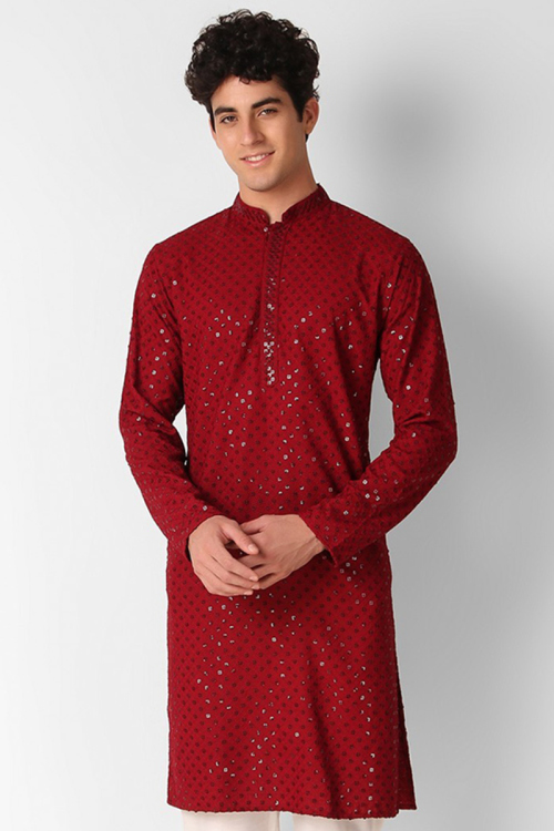 Cherry Red Cotton Embroidered Straight Cut Men's Kurta