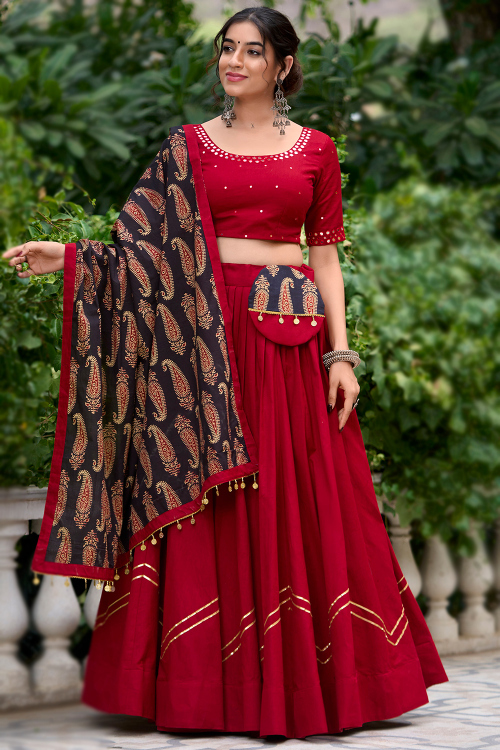 Cherry Red Cotton Flared Style Chaniya Choli With Gota Patti 