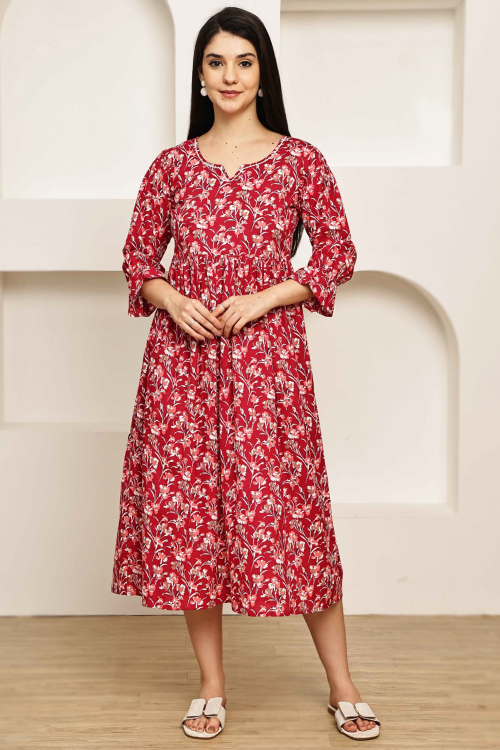 Cherry Red Cotton Kurti With Printed Work For Casual Wear