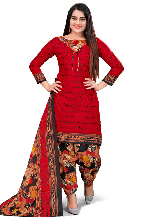 Cherry Red Cotton Printed Casual Wear Patiala Suit 