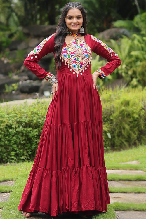 Cherry Red Cotton Silk Gown With Mirror Work For Festival 