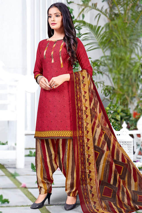 Cherry Red Crepe Printed Casual Wear Churidar Suit 