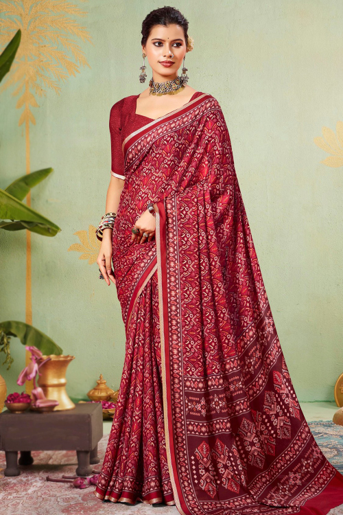 Cherry Red Crepe Printed Saree with Printed Work for Diwali