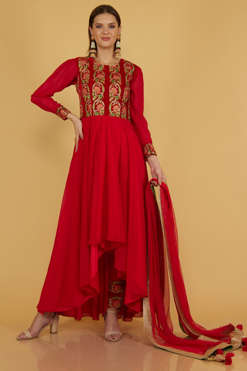 Anarkali Suit in Cherry Red Georgette for Eid Wear