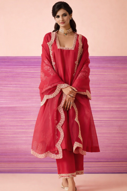 Cherry Red Dori Embroidered Silk Palazzo Suit for Eid & Party
