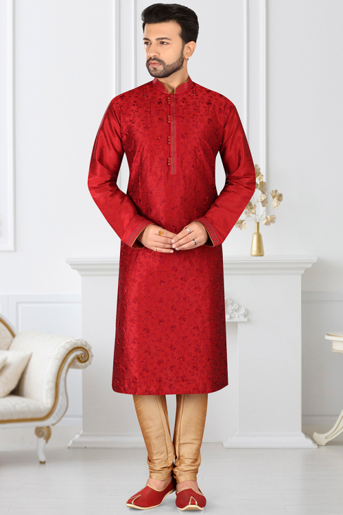 Cherry Red Dupion Silk Resham Embroidered Men's Kurta Churidar