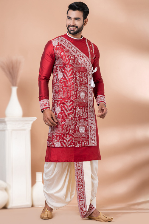 Cherry Red Embroidered Cotton Silk Men's Kurta With Dhoti