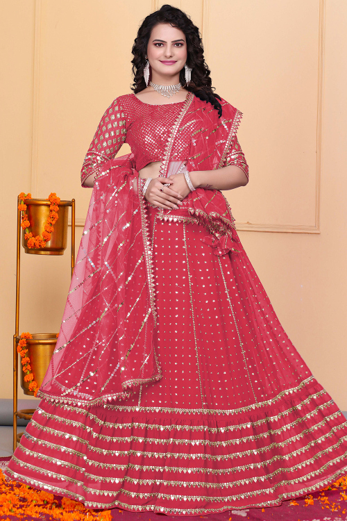Cherry Red Embroidered Flared Style Georgette Lehenga 