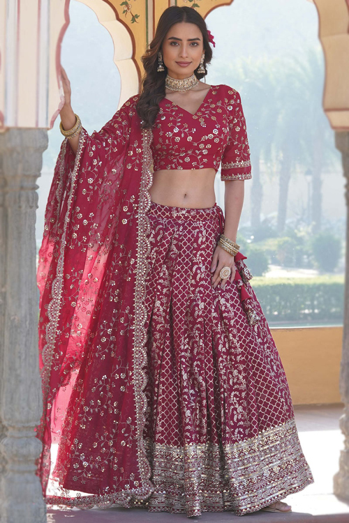 Cherry Red Embroidered Silk Flared Style Lehenga