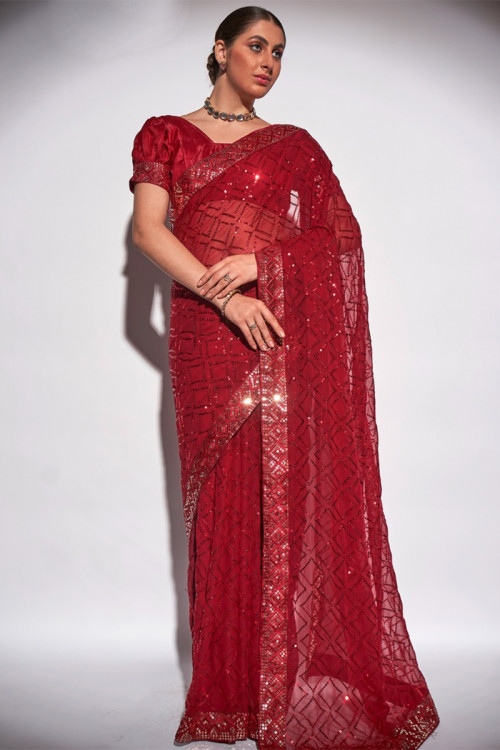 Buy 50/XL-2 Size Red Puff Sleeve Sarees Online for Women in Malaysia