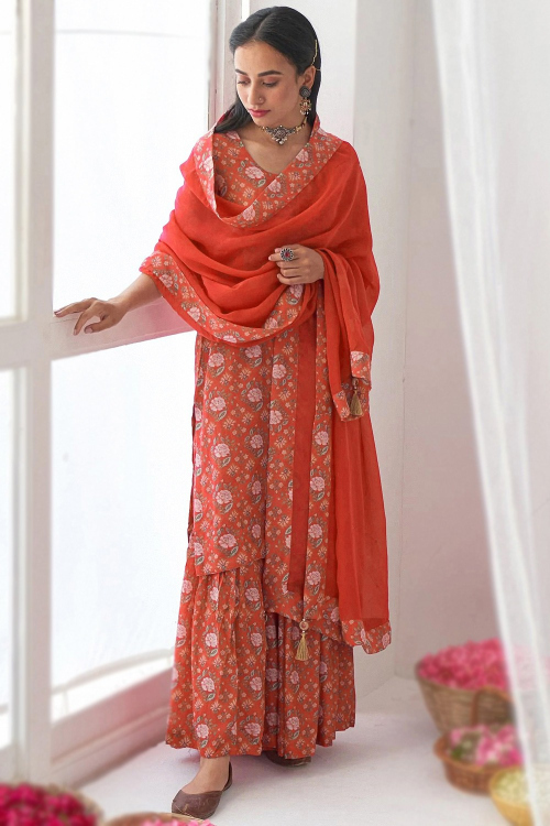 Tomato Red Floral Printed Cotton Silk Ready Made Straight Cut Sharara Suit