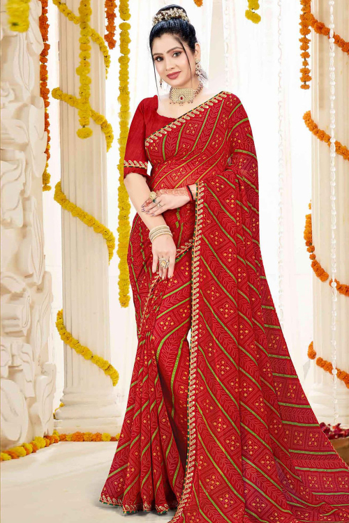 Cherry Red Georgette Bandhej Print Saree For Navratri