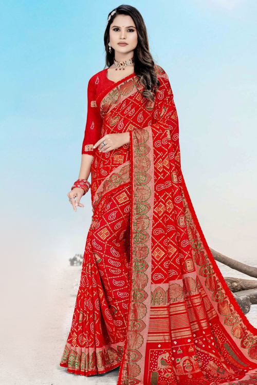 Cherry Red Georgette Bandhej Printed Saree For Casual Wear