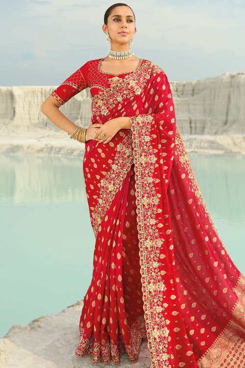 Cherry Red Georgette Broad Border Saree With Weaved Work For Festival