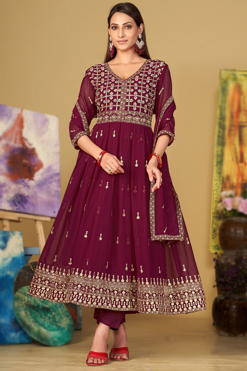 Cherry Red Georgette Embroidered Anarkali Suit For Eid 