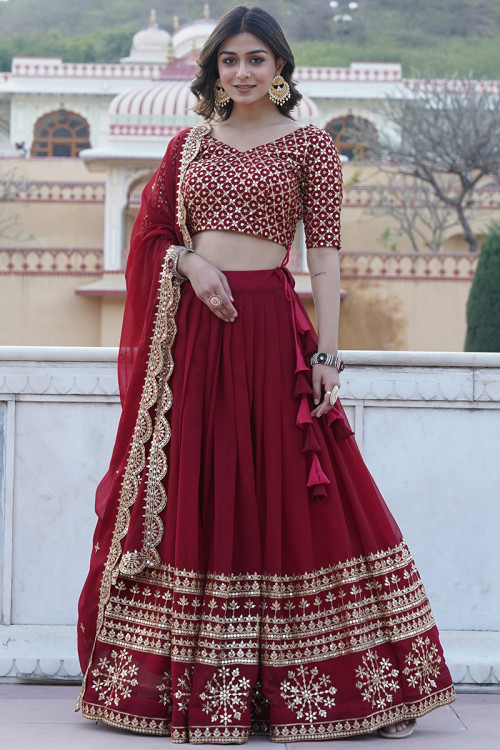 Cherry Red Georgette Embroidered Flared Lehenga