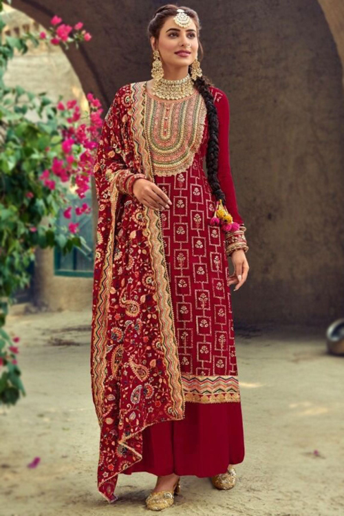 Cherry Red Georgette Embroidered Palazzo Suit