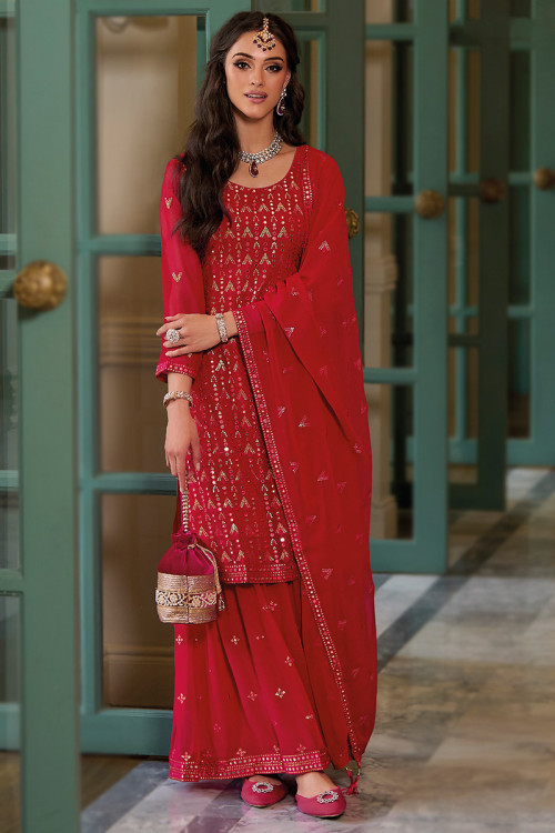 Cherry Red Georgette Embroidered Straight Cut Sharara Suit 
