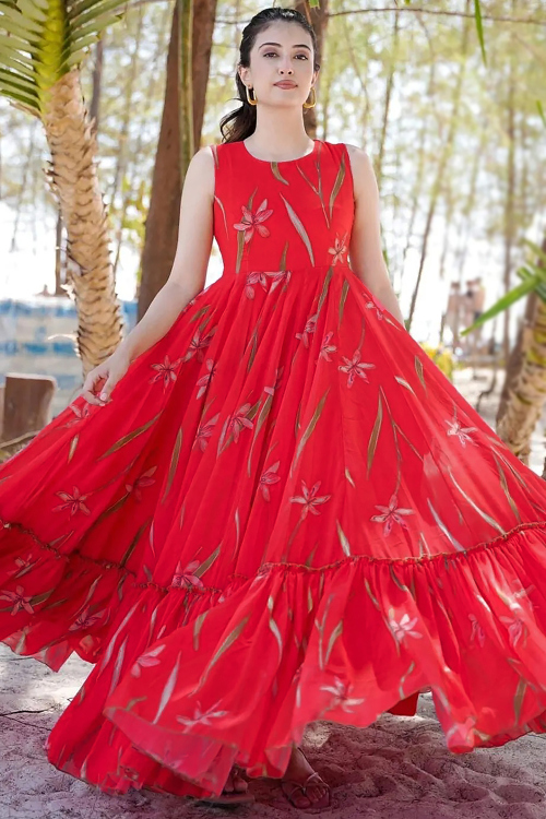 Cherry Red Georgette Ready to Wear Printed Casual Wear Gown