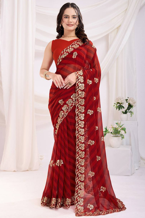 Cherry Red Georgette Printed Light Weight Saree
