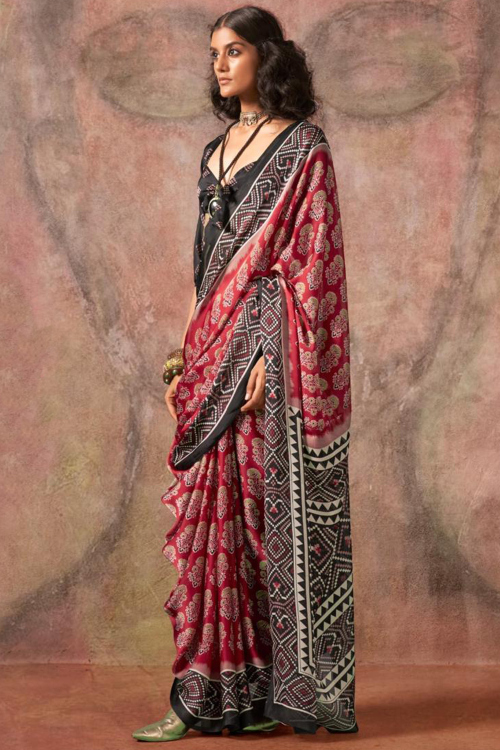 Cherry Red Georgette Saree With Printed Work For Festival