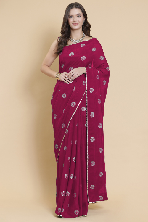 Cherry Red Georgette Saree With Woven Zari Work For Festival