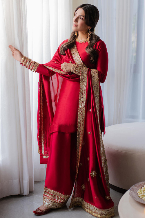 Cherry Red Georgette Silk Embroidered Salwar Suit For Festival