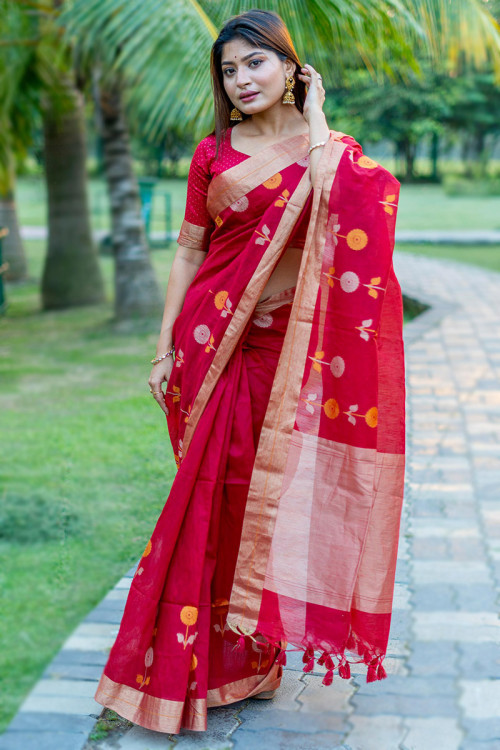 Cherry Red Linen Weaved Casual Wear Broad Border Saree 