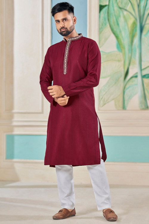 Buy Red Viscose Chinese Collar Neck Kurta Pajama Online for Men in USA