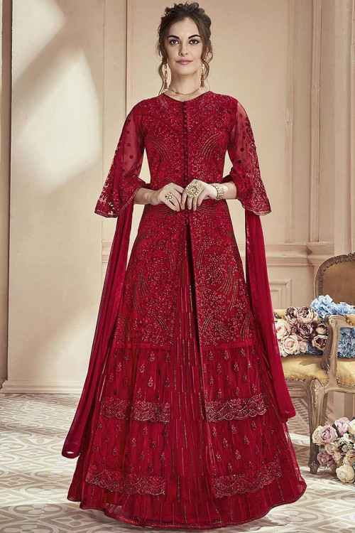 Cherry Red Resham Embroidered Net Long Choli with Skirt