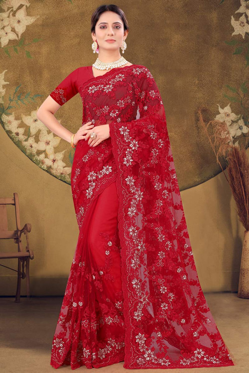 Cherry Red Party Wear Dori Embroidered Saree in Net