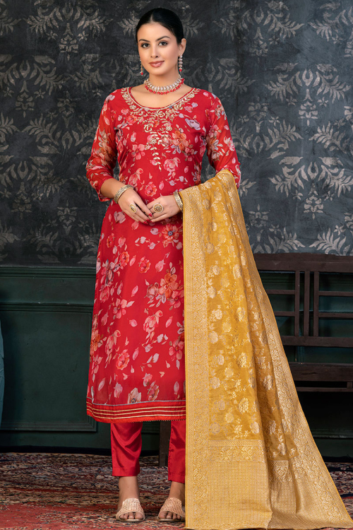 Cherry Red Organza Embroidered Trouser Suit with Printed Work