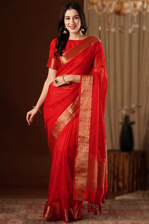 Cherry Red Organza Woven Zari Light Weight Saree