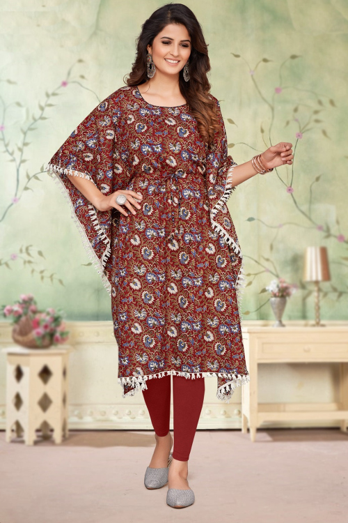 Cherry Red Printed Cotton Casual Wear Ready Made Kurti