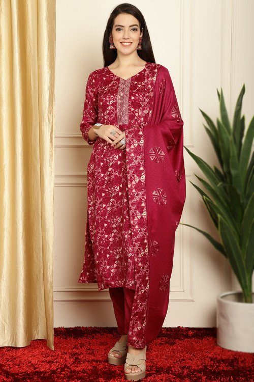 Cherry Red Printed Pashmina Straight Cut Trouser Suit 