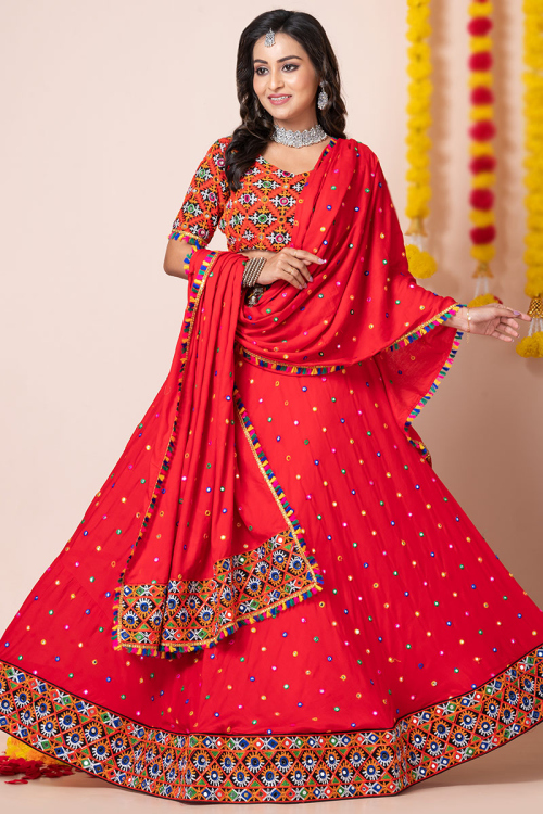 Cherry Red Rayon Embroidered A-Line Style Lehenga