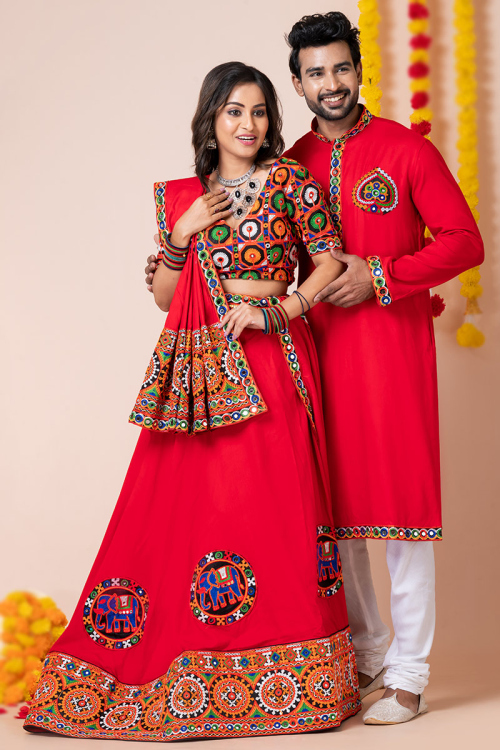 Cherry Red Rayon Embroidered Couple's Outfit 