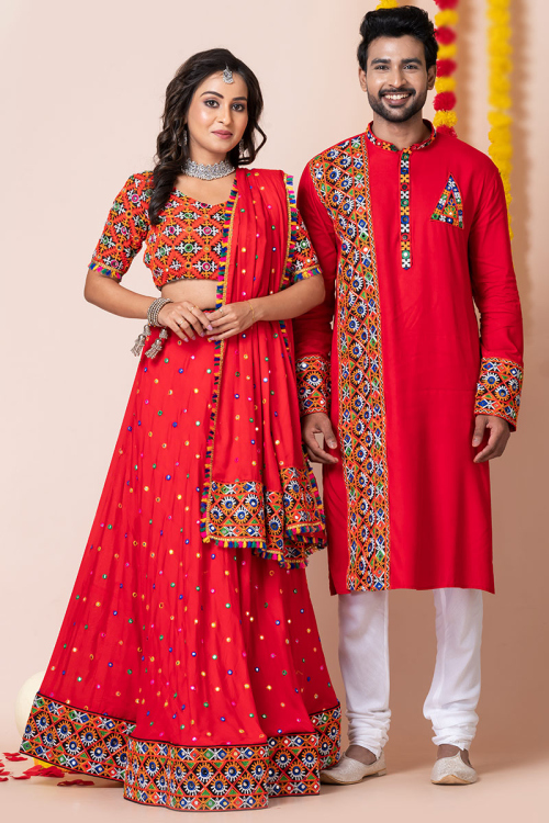 Cherry Red Rayon Mirror Embroidered Couple's Outfit 