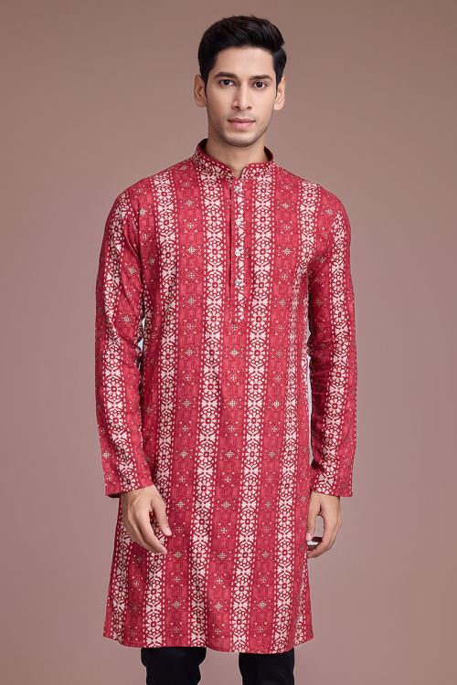 Cherry Red Rayon Printed Straight Cut Men's Kurta
