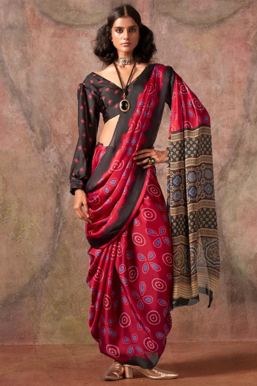 Cherry Red Satin Georgette Saree With Printed Work For Festival