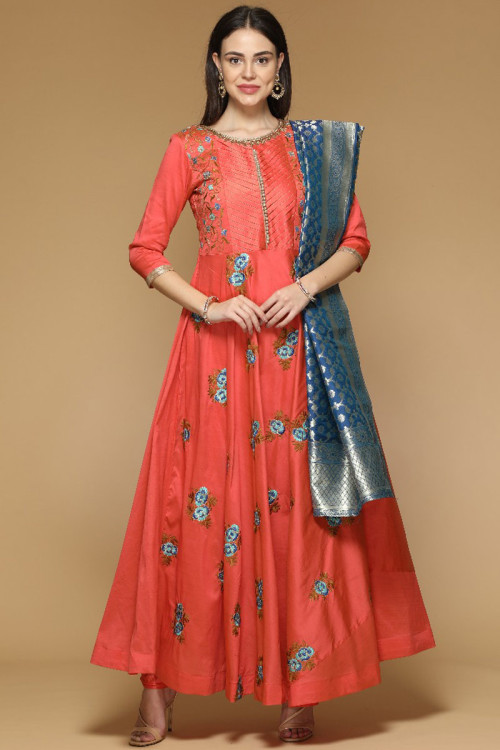 Cherry Red Silk Anarkali Suit With Zari Work