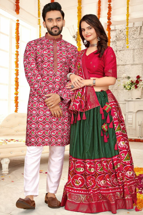 Cherry Red Silk Blend Foil Print Couple's Outfit 