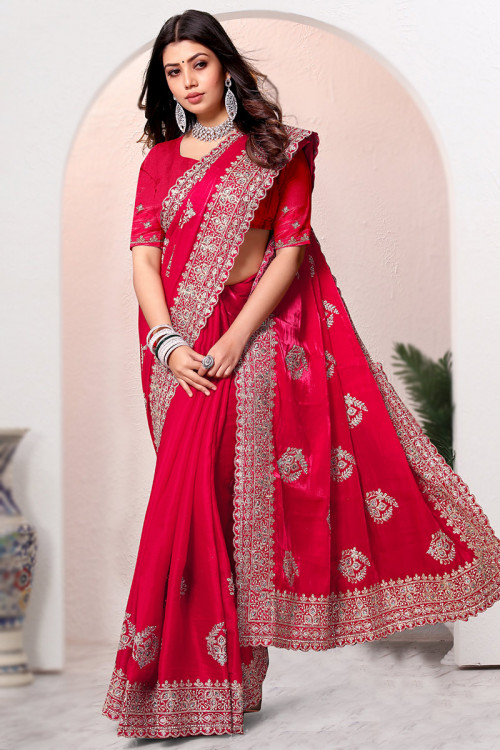 Cherry Red Silk Dori Embroidered Wedding Wear Saree 
