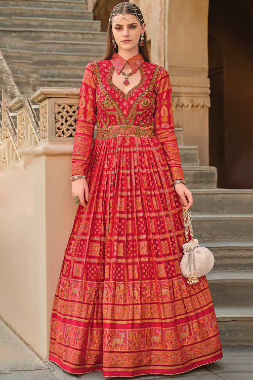 Cherry Red Silk Embroidered Anarkali Suit