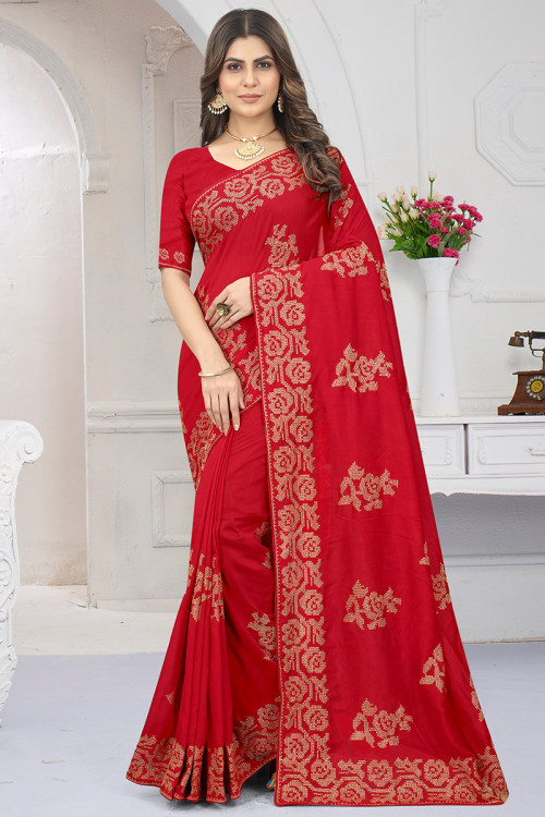 Red Colour Designer Embroidered Partywear Fancy Saree - KSM PRINTS - 4192653